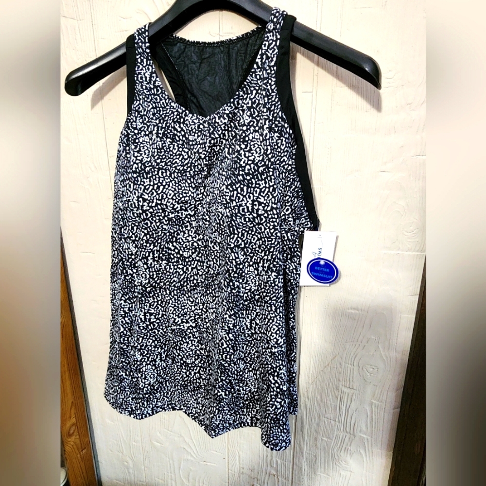 Longer-Length Racerback Tankini Top  Swinsuits for All  NWT. Black White Leopard